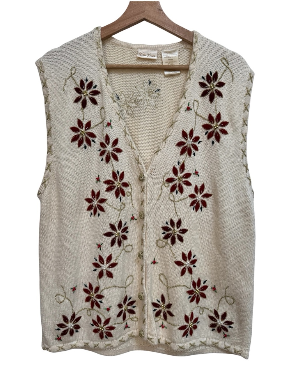 Bobbie Brooks Poinsettia Sweater Vest Women Large Holiday Party Grandma Ramie